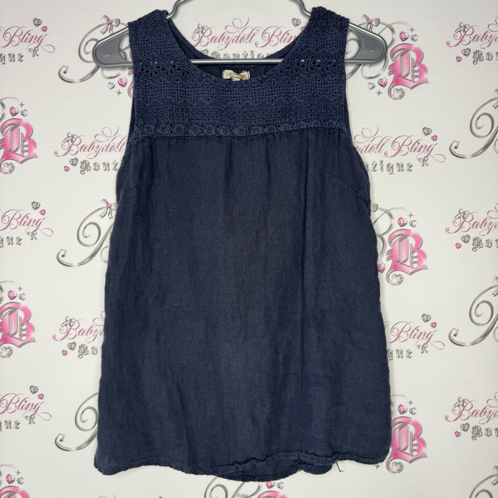 Lina tomei Italy tank top crochet mockneck shirt navy blue linen style top